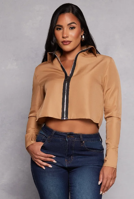 Solid Zip Front Cropped Shirt